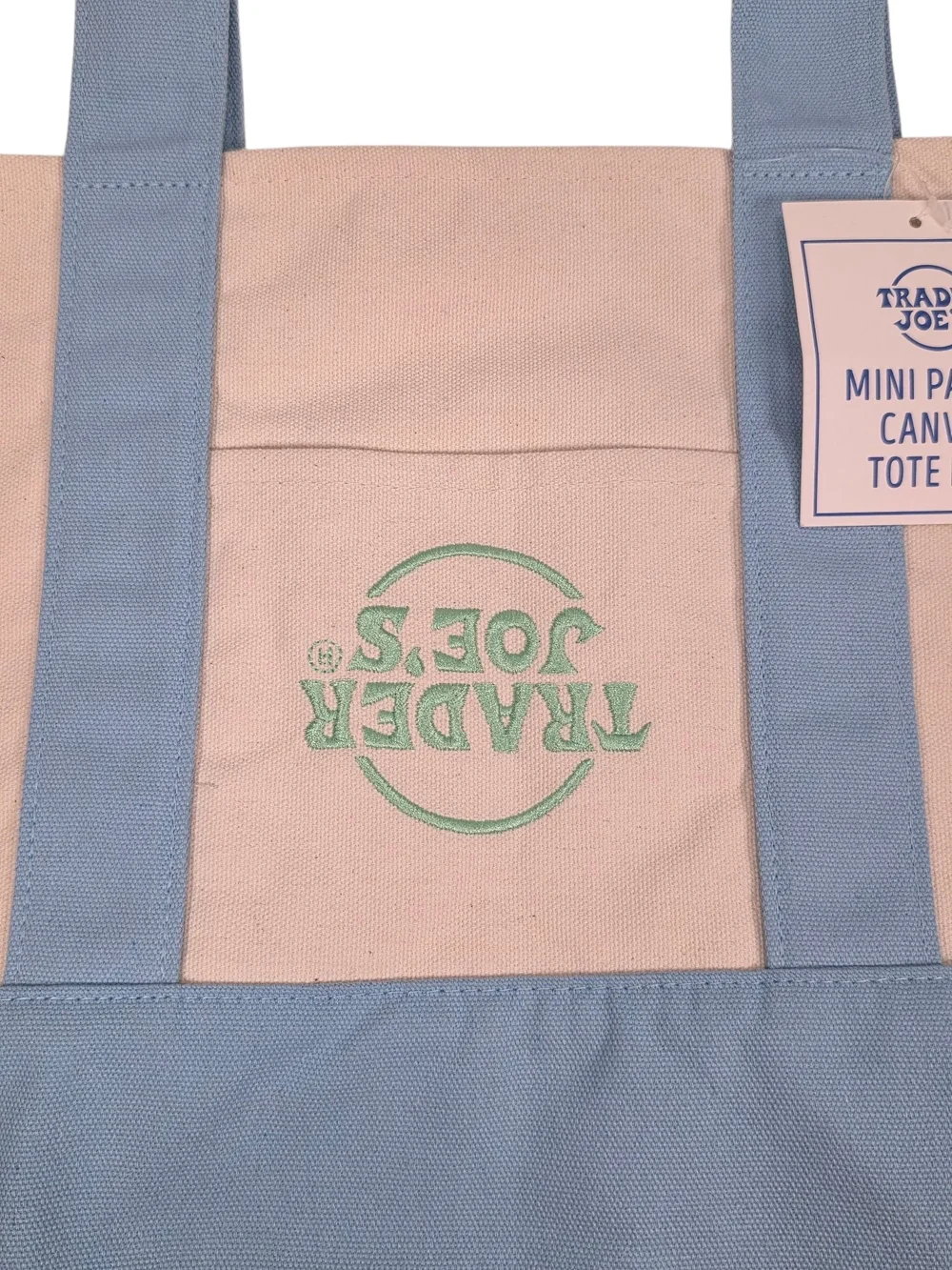 RARE ERROR Trader Joe’s Mini Tote Bag – Upside Down Logo Misprint – NWT Blue